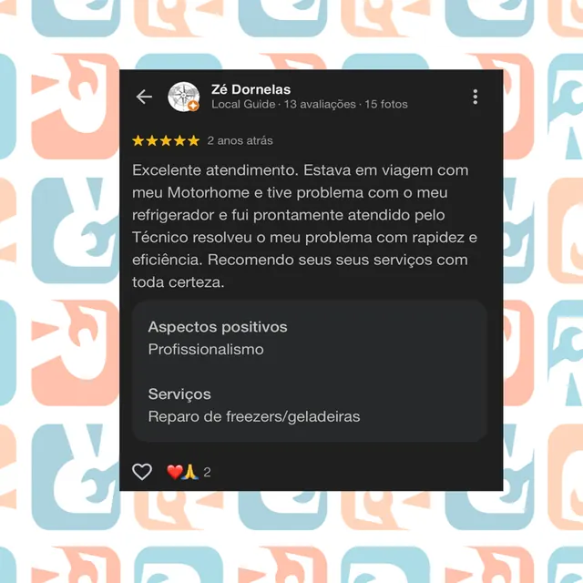 Avaliação de cliente sobre reparo de freezer em motorhome
